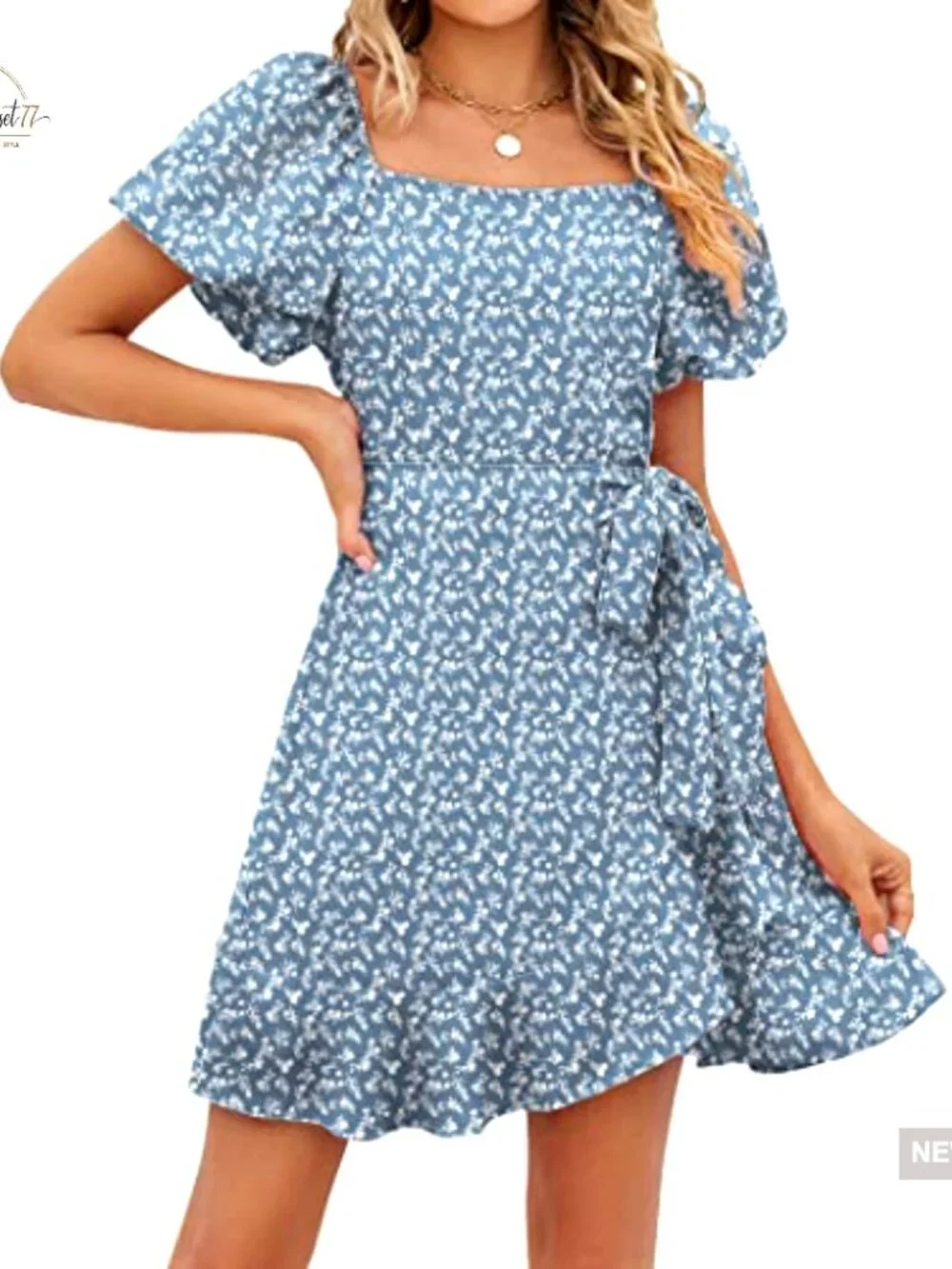 Puff Sleeve Square Neck Tie Waist Mini Dress Lightweight Chiffon - Picture 2 of 7